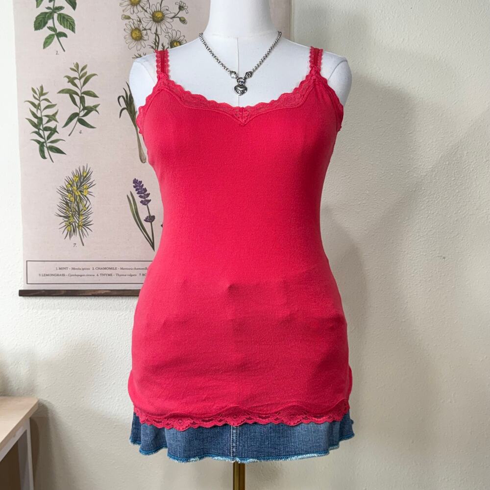 Pink Ribbed Lace Trim Cami Top Trashy Sexy Y2k 2000s Gyaru Preppy Gal Bimbo L